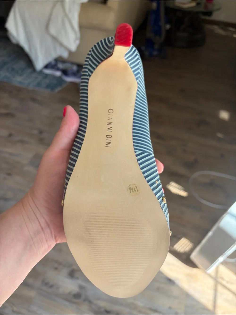 Gianni Bini Blue and White Striped Studded Pointed-Toe Pumps